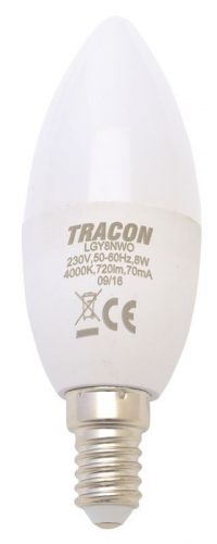 TRACON LGY8W - Gyertya burájú LED fényforrás, tejüveg 230 V, 50 Hz, 8 W, 2700 K, E14, 710 lm, 180°, EEI=F