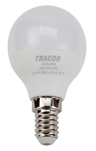 TRACON LMGS455NW - Gömb burájú LED fényforrás SAMSUNG chippel 230V,50Hz,5W,4000K,E14,460 lm,180°,G45,SAMSUNG chip, EEI=F