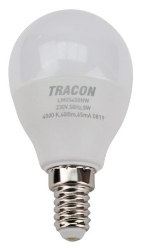 TRACON LMGS458NW - Gömb burájú LED fényforrás SAMSUNG chippel 230V,50Hz,8W,4000 K,E14,720lm,180°,G45,SAMSUNG chip, EEI=F