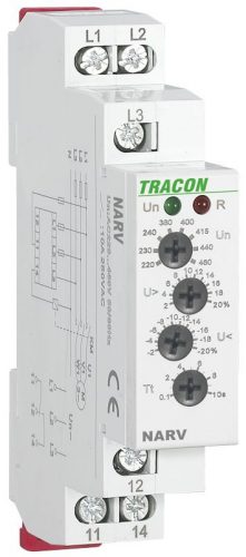 TRACON NARV - Feszültségfigyelő relé 3 fázisra AC 220-460V, U> U< = +/-2-20%, t=0,1-10s, Asymm 8%