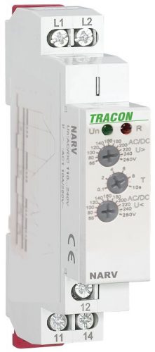 TRACON NARV1 - Feszültségfigyelő relé 1 fázisra AC/DC 110-240V, U> U< = 65-260V, t=0,1-10s