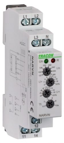 TRACON NARVN - Feszültségfigyelő relé 3 fázisra AC 230V L-N, U>,< ,= +/-2-20%, t=0,1-10s, Asymm 8%