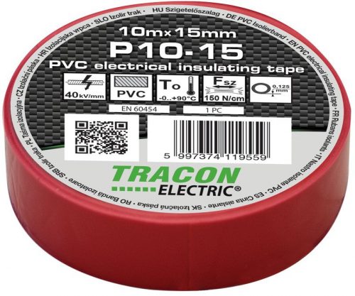 TRACON P10-15 - Szigetelőszalag, piros 10m×15mm, PVC, 0-90°C, 40kV/mm