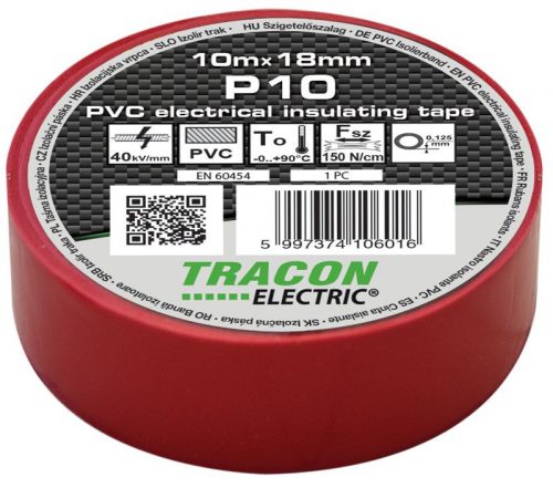 TRACON P10 - Szigetelőszalag, piros 10m×18mm, PVC, 0-90°C, 40kV/mm