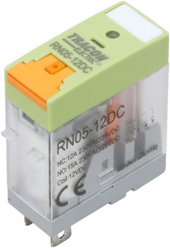 TRACON RN05-12DC - Print relé tesztgombbal és állapotjelzéssel 12V DC / 1×CO (NC: 12A, NO: 15A, 230V AC / 30V DC)