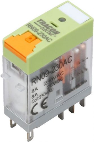 TRACON RN09-110AC - Print relé tesztgombbal és állapotjelzéssel 110V AC / 2×CO (8A, 230V AC / 30V DC)