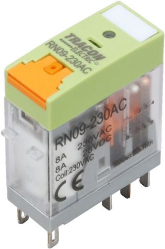 TRACON RN09-12DC - Print relé tesztgombbal és állapotjelzéssel 12V DC / 2×CO (8A, 230V AC / 30V DC)