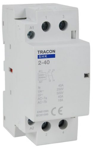 TRACON SHK2-40 - Installációs kontaktor 230V AC, 50Hz, 2 Mod, 2×NO, AC1/AC7a, 40A