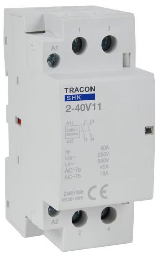 TRACON SHK2-40V11 - Installációs kontaktor 230V AC, 50Hz, 2 Mod, 1×NO+1×NC, AC1/AC7a, 40A