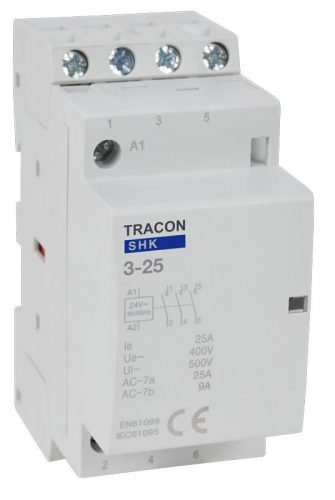 TRACON SHK3-25 - Installációs kontaktor 230V AC, 50Hz, 2 Mod, 3×NO, AC1/AC7a, 25A