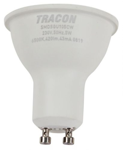 TRACON SMDSGU105CW - Műanyag házas SMD LED spot fényforrás SAMSUNG chippel 230V,50Hz,GU10,5W,470lm,6500K,120°,SAMSUNG chip, EEI=F