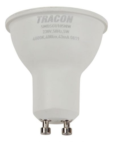 TRACON SMDSGU105NW - Műanyag házas SMD LED spot fényforrás SAMSUNG chippel 230V,50Hz,GU10,5W,450lm,4000K,120°,SAMSUNG chip, EEI=F