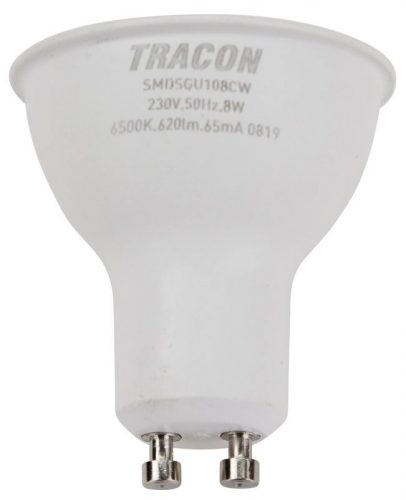 TRACON SMDSGU108CW - Műanyag házas SMD LED spot fényforrás SAMSUNG chippel 230V,50Hz,GU10,8W,740lm,6500K,120°,SAMSUNG chip, EEI=F