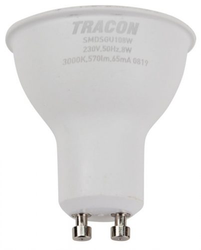 TRACON SMDSGU108W - Műanyag házas SMD LED spot fényforrás SAMSUNG chippel 230V,50Hz,GU10,8W,710 lm,3000 K,120°,SAMSUNG chip, EEI=F