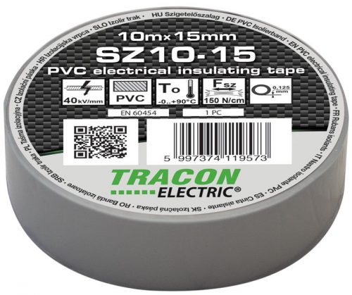 TRACON SZ10-15 - Szigetelőszalag, szürke 10m×15mm, PVC, 0-90°C, 40kV/mm