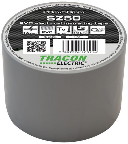 TRACON SZ50 - Szigetelőszalag, szürke 20m×50mm, PVC, 0-90°C, 40kV/mm