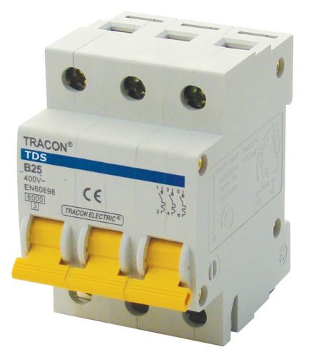 TRACON TDS-3C-1 - Kismegszakító, színes karral, 3 pólus, C karakterisztika 1A, 6kA