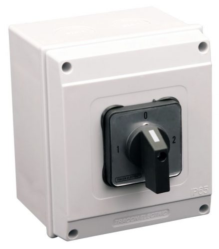 TRACON TKV-209/4T65 - Tokozott választókapcsoló, 1-0-2 400V, 50Hz, 20A, 2×4P, 5,5kW, 48×48mm, 90°, IP65