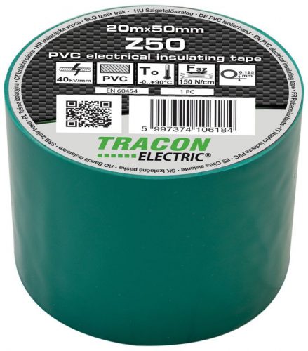 TRACON Z50 - Szigetelőszalag, zöld 20m×50mm, PVC, 0-90°C, 40kV/mm