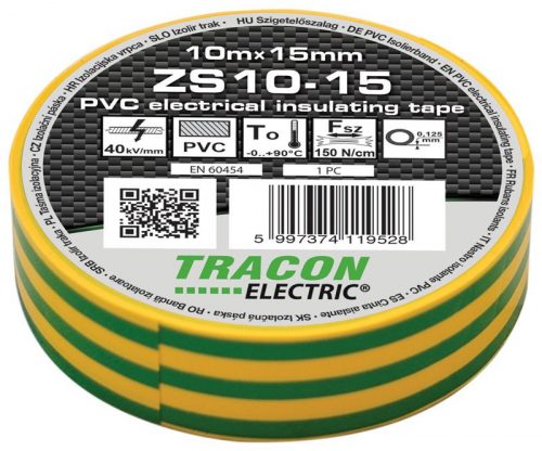 TRACON ZS10-15 - Szigetelőszalag, zöld/sárga 10m×15mm, PVC, 0-90°C, 40kV/mm