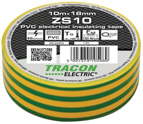 TRACON ZS10 - Szigetelőszalag, zöld/sárga 10m×18mm, PVC, 0-90°C, 40kV/mm