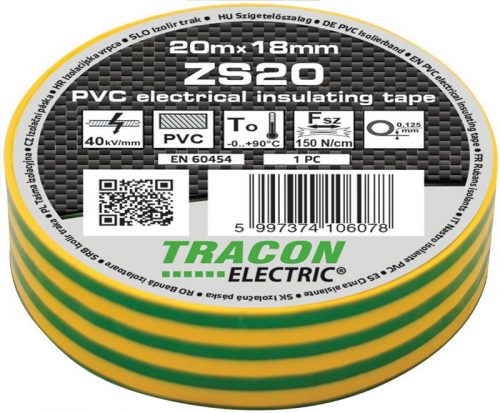 TRACON ZS20 - Szigetelőszalag, zöld/sárga 20m×18mm, PVC, 0-90°C, 40kV/mm