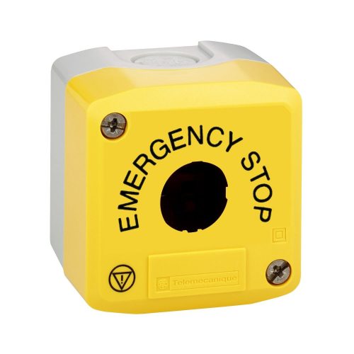 SCHNEIDER XALK01H29 - Harmony XALK tokozat vészleállítóhoz, sárga, üres, 1 kivágás, "EMERGENCY STOP" felirat és logo